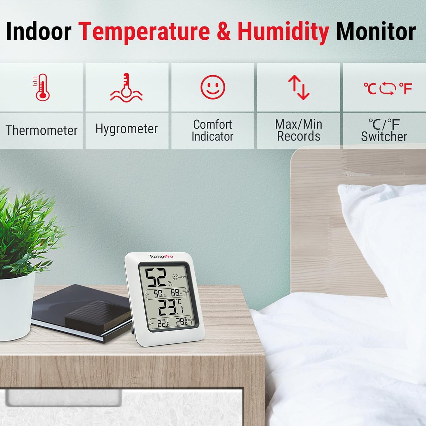 TP50 Digital Hygrometer Indoor Thermometer Room Thermometer and Humidity Gauge with Temperature Humidity Monitor