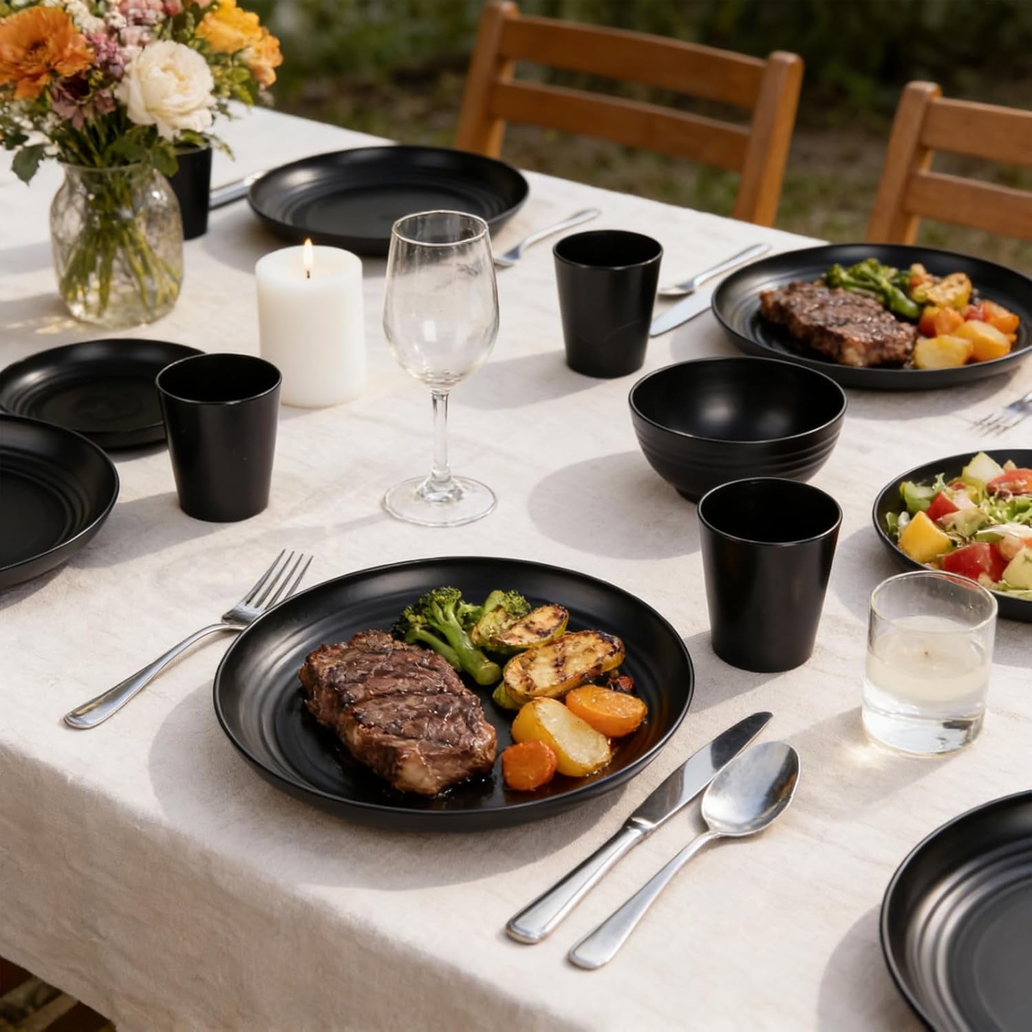 Wheat Straw Dinnerware Sets,Plates and Bowls Set, Dish Sets for 8, Unbreakable Plate for 8 Dishwasher Safe,Reusable Dinnerware Black-16Pcs Plates, 8Pcs Bowls, 8Pcs Cups.