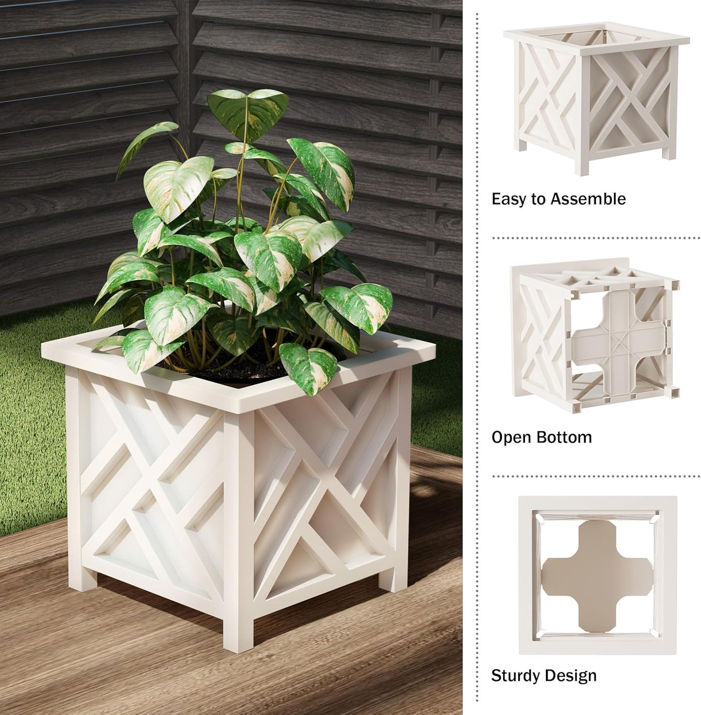 Lattice Design Outdoor Planter Box - 14.75” Square 13” Tall