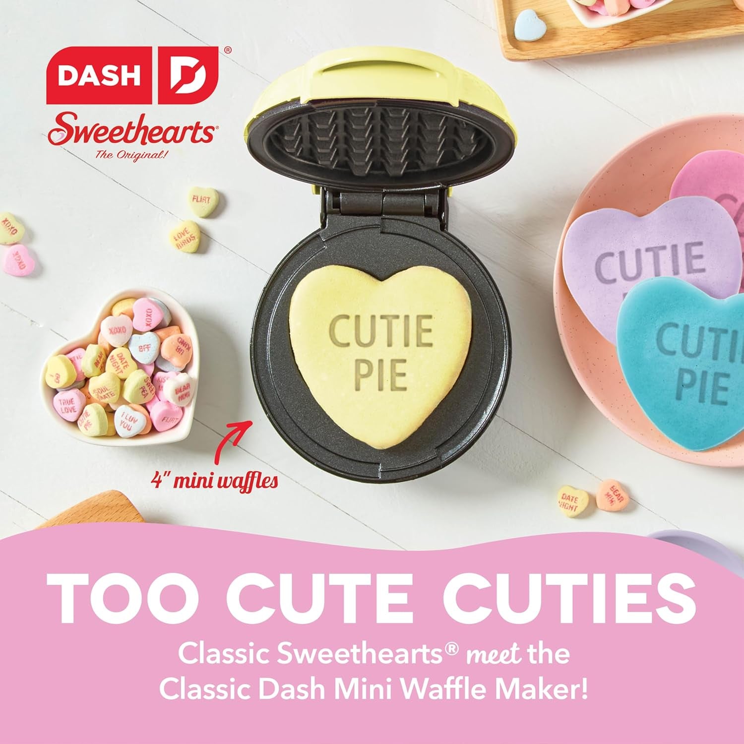 & Sweethearts® Mini Waffle Maker- Mini Machine for Creative Homemade Treats - Nonstick Iron with Unique Print Design - Stylish Waffle Machine - Cutie Pie Yellow