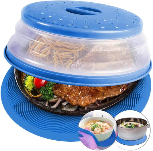 2 in 1,  Microwave Mat & Food Cover- Mat as Bowl Holder, Cover for Splatter Guard, Multi-Use: Silicone Trivet, Pot Holders, Drying, Baking, Place Mat, Utensils Rest for Kitchen Counter, Blue