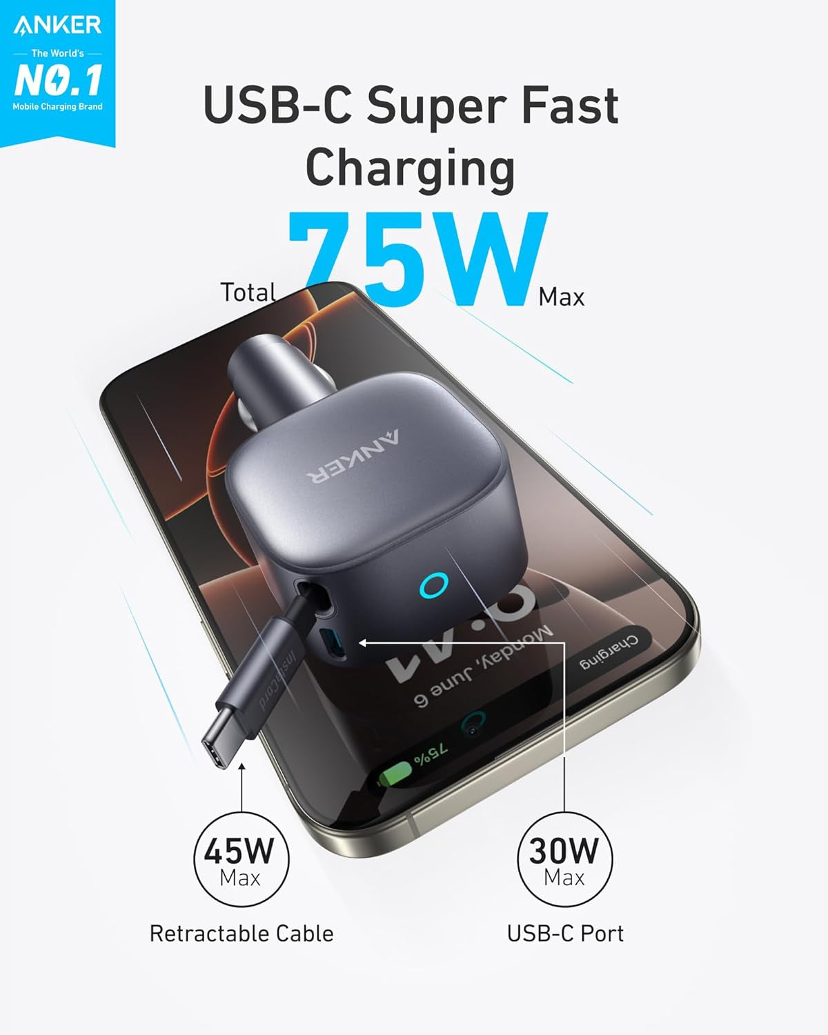 Retractable USB-C Car Charger, 75W Max Fast