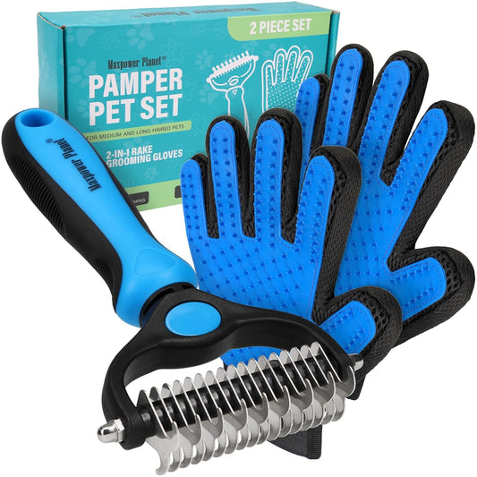 Pet Grooming Brush and 2X Grooming Gloves Combo