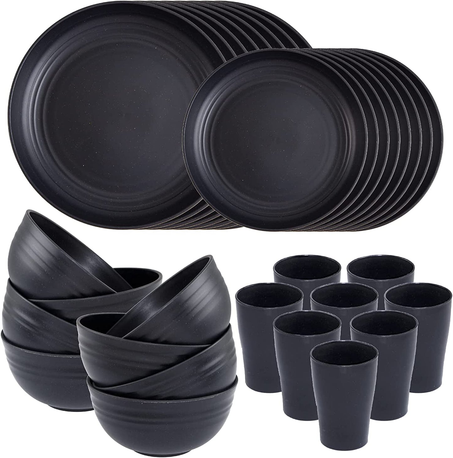 Wheat Straw Dinnerware Sets,Plates and Bowls Set, Dish Sets for 8, Unbreakable Plate for 8 Dishwasher Safe,Reusable Dinnerware Black-16Pcs Plates, 8Pcs Bowls, 8Pcs Cups.