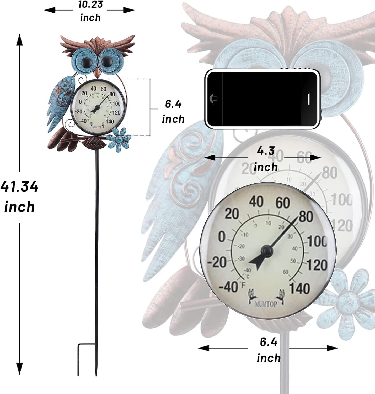 Outdoor Thermometer, 42 Inch Metal Owl Garden