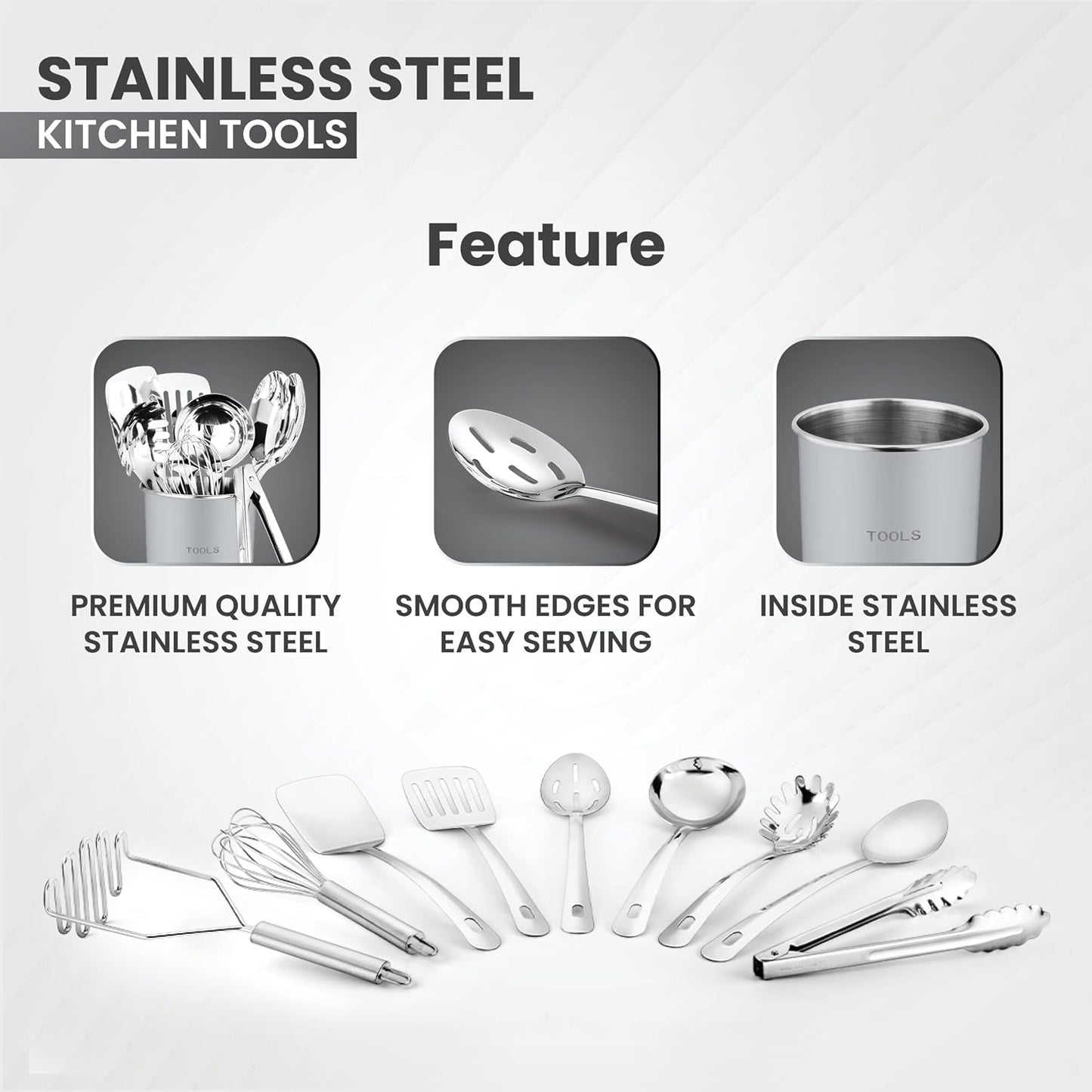 ® Premium Set of 10 Stainless Steel (GREY HOLDER) Kitchen Tool Set with Holder Easy to Clean, Space Saving, Great for Cooking, Baking, Prepping (GREY)