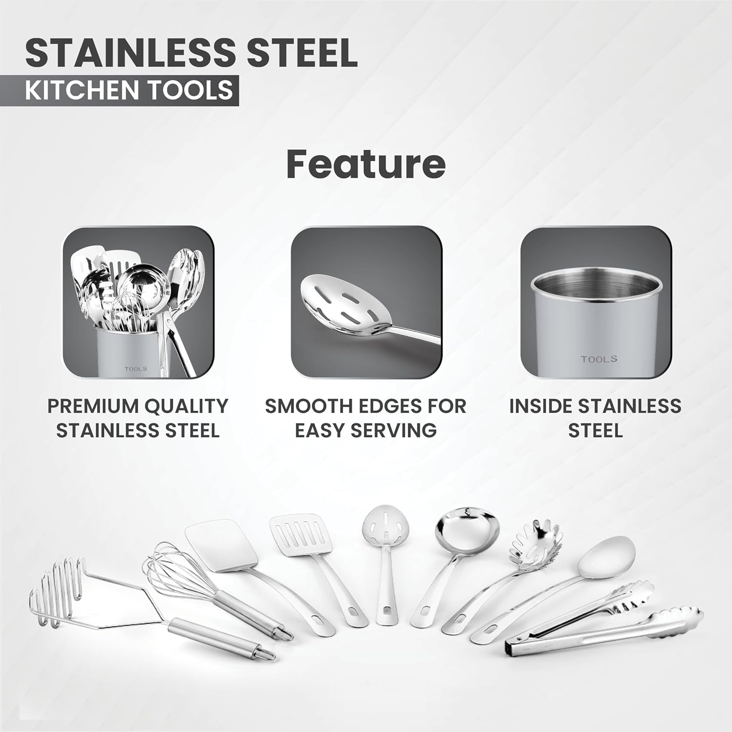 ® Premium Set of 10 Stainless Steel (GREY HOLDER) Kitchen Tool Set with Holder Easy to Clean, Space Saving, Great for Cooking, Baking, Prepping (GREY)