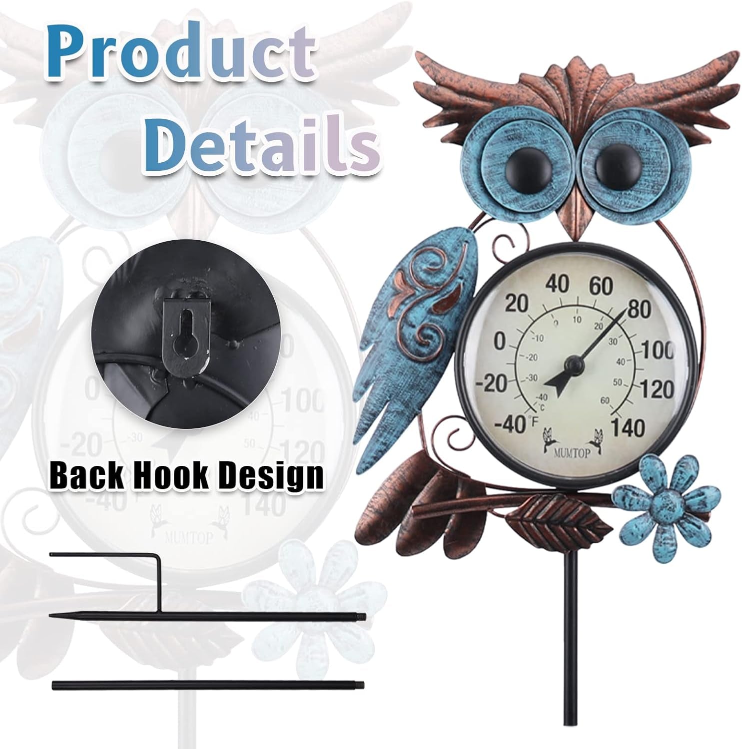Outdoor Thermometer, 42 Inch Metal Owl Garden