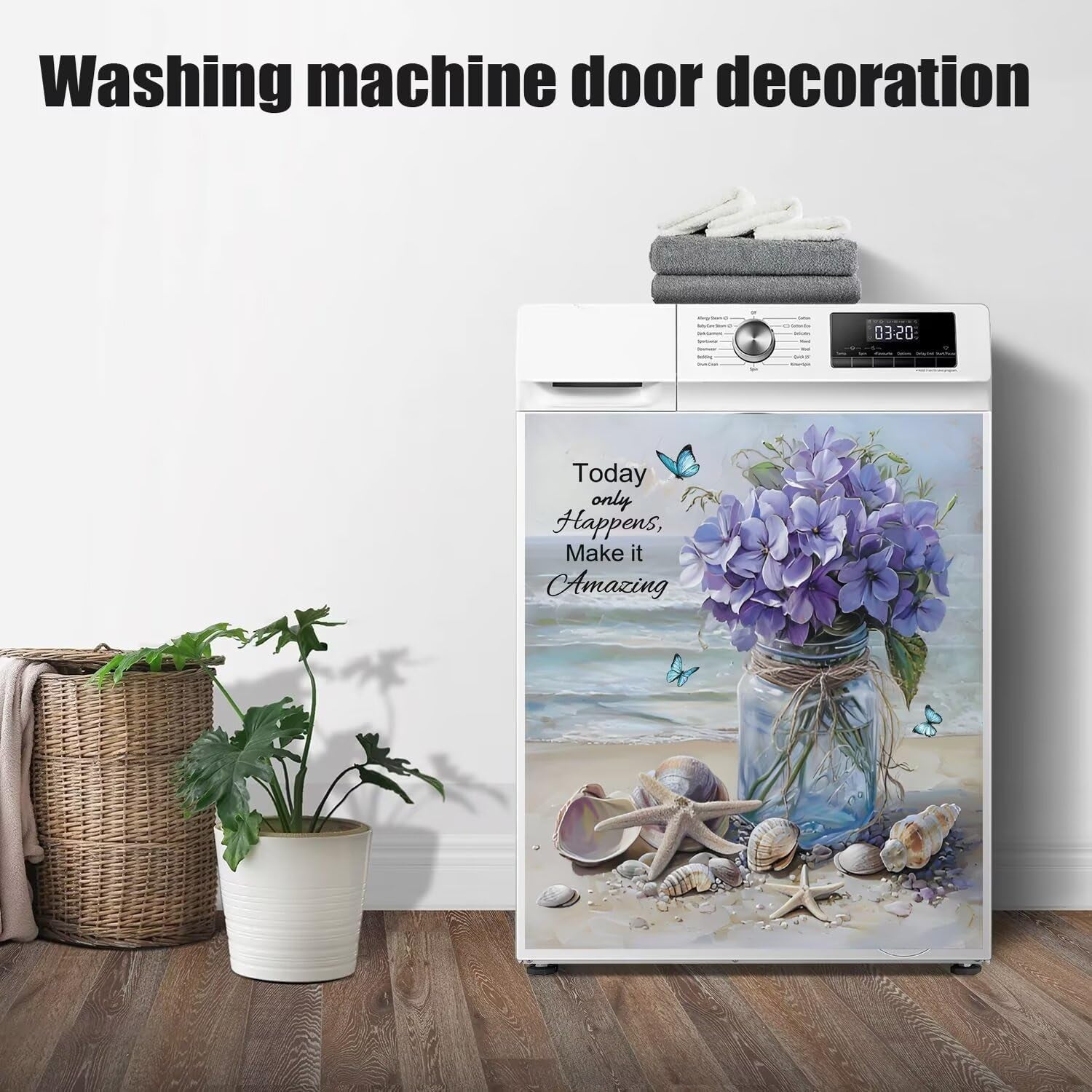 Vase Flowers Dishwasher Magnet Cover, Spring Summer Floral Butterfly Stickers Kitchen Decor, Beach View Starfish Shells Inspiring Quotes Home Appliances Magnetic Panel Decals 23X26