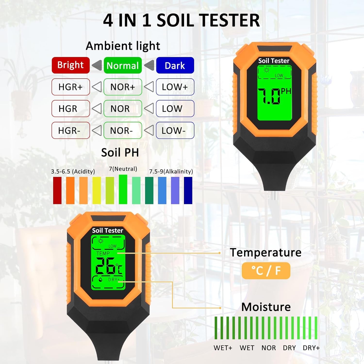 4-In-1 Soil Moisture Meter Digital PH Meter