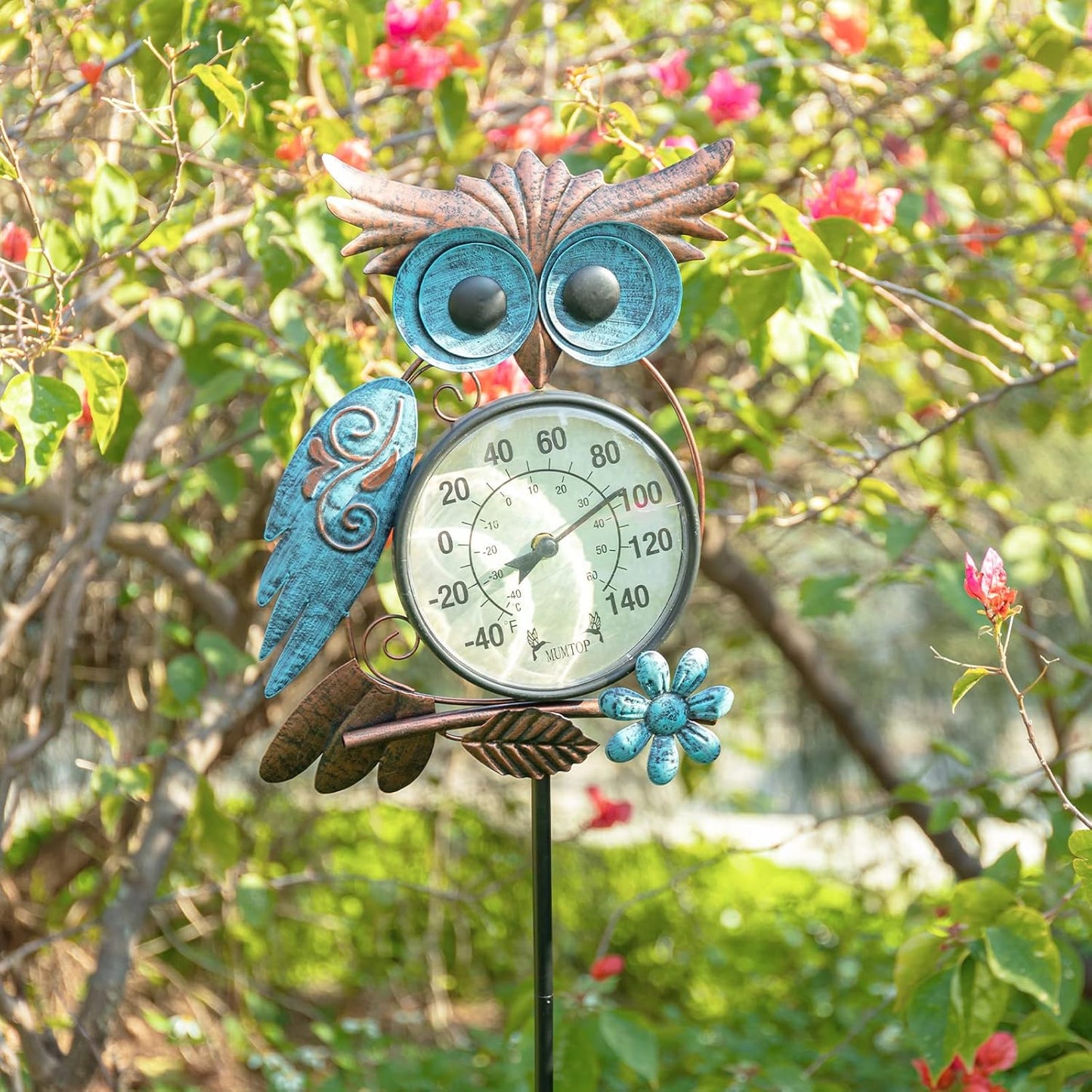 Outdoor Thermometer, 42 Inch Metal Owl Garden