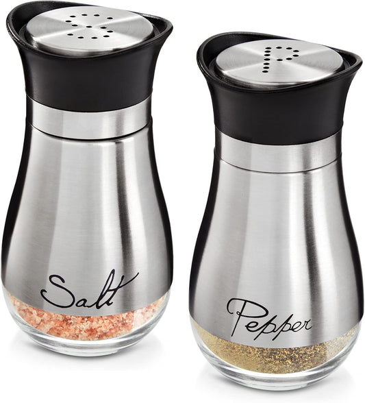 Stainless Steel Salt and Pepper Shaker Set with Glass Bottom, Perforated "S" and "P" Caps - Modern Kitchen Counter Decor (4Oz)