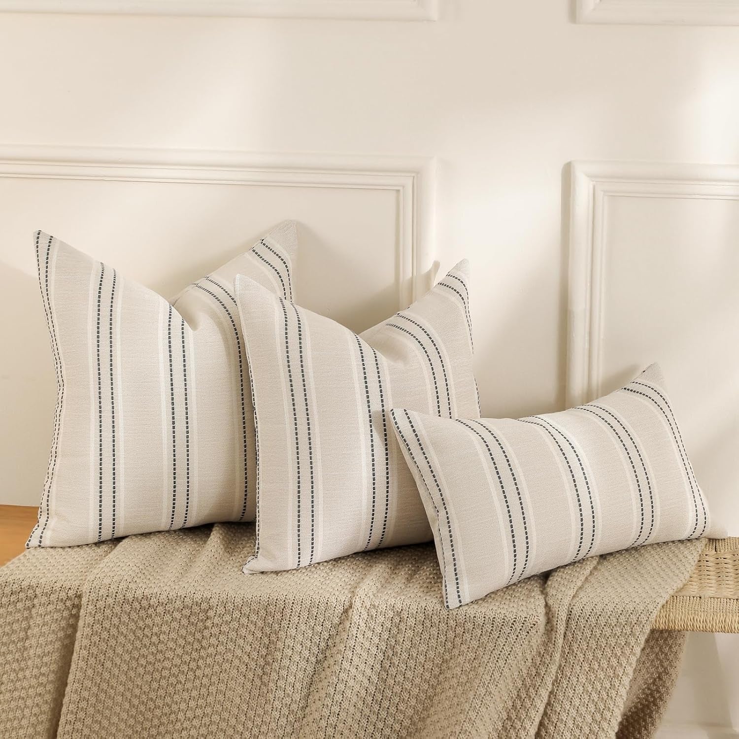 Throw Pillow Covers 20X20 Set of 2 Striped Pillow Covers Textured Linen Decorative Pillows Square Cushion Covers for Sofa Couch Bed Living Room Farmhouse Decor, Grey