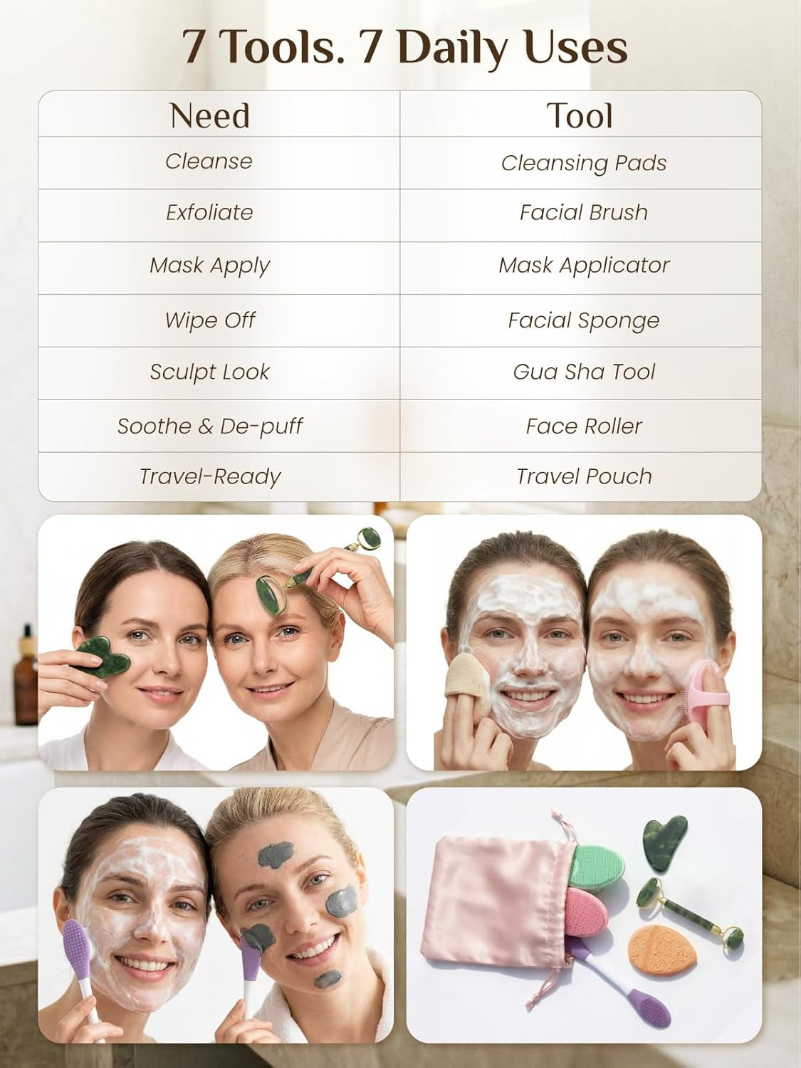 Gua Sha and Face Roller Set - 7 in 1 Face Skin Care Tools