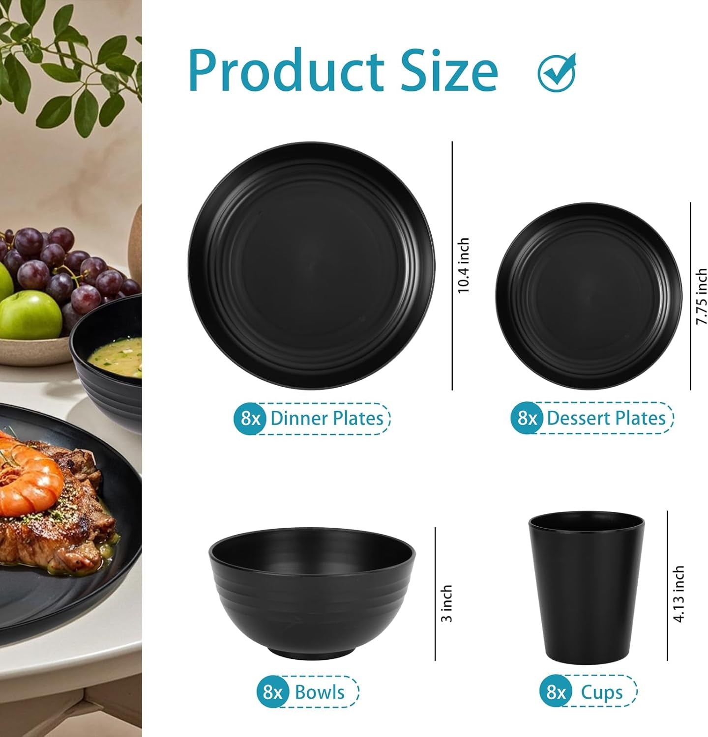 Wheat Straw Dinnerware Sets,Plates and Bowls Set, Dish Sets for 8, Unbreakable Plate for 8 Dishwasher Safe,Reusable Dinnerware Black-16Pcs Plates, 8Pcs Bowls, 8Pcs Cups.
