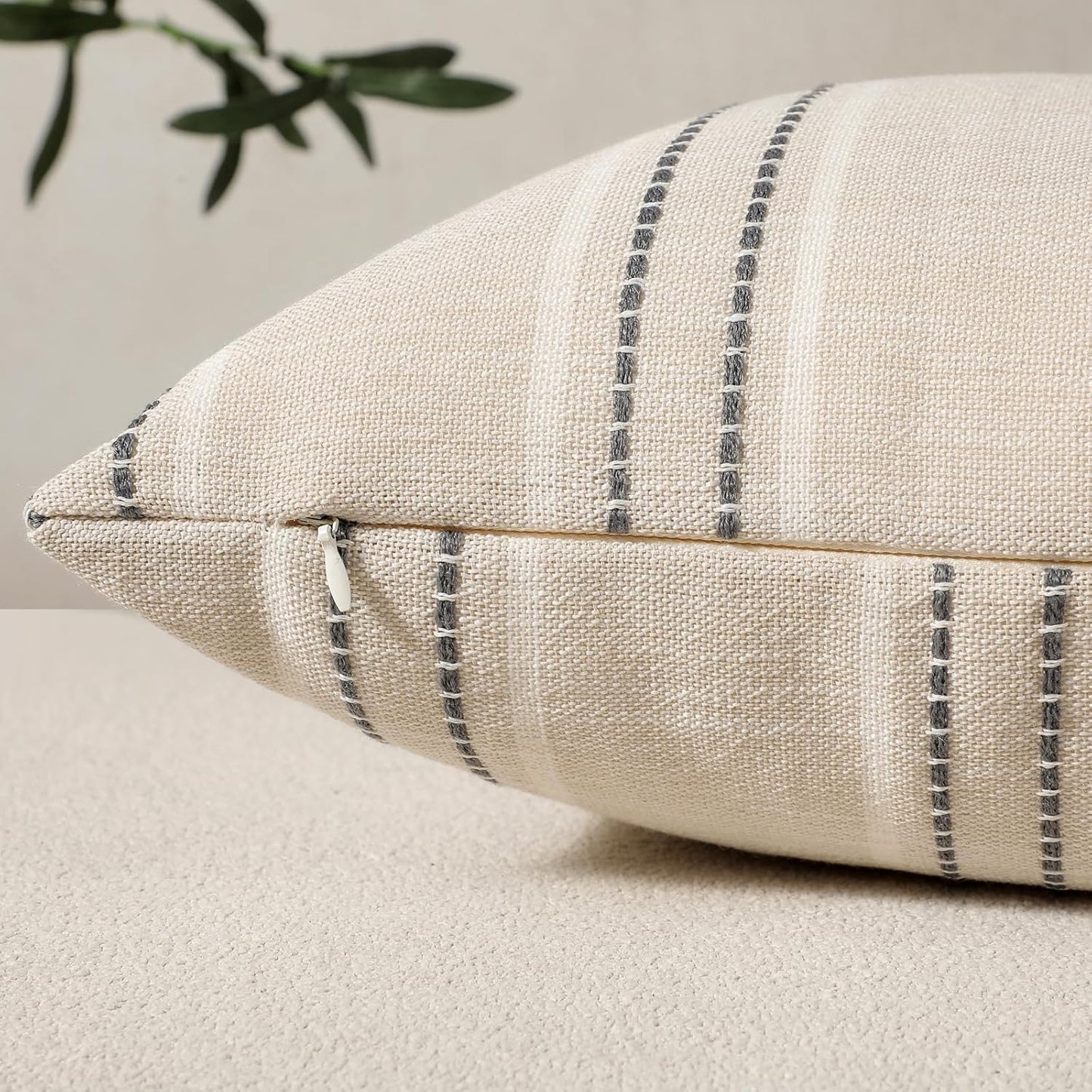 Throw Pillow Covers 20X20 Set of 2 Striped Pillow Covers Textured Linen Decorative Pillows Square Cushion Covers for Sofa Couch Bed Living Room Farmhouse Decor, Grey