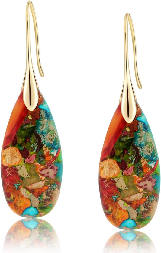 Natural Healing Stone Fishhoop Dangle Drop Earrings