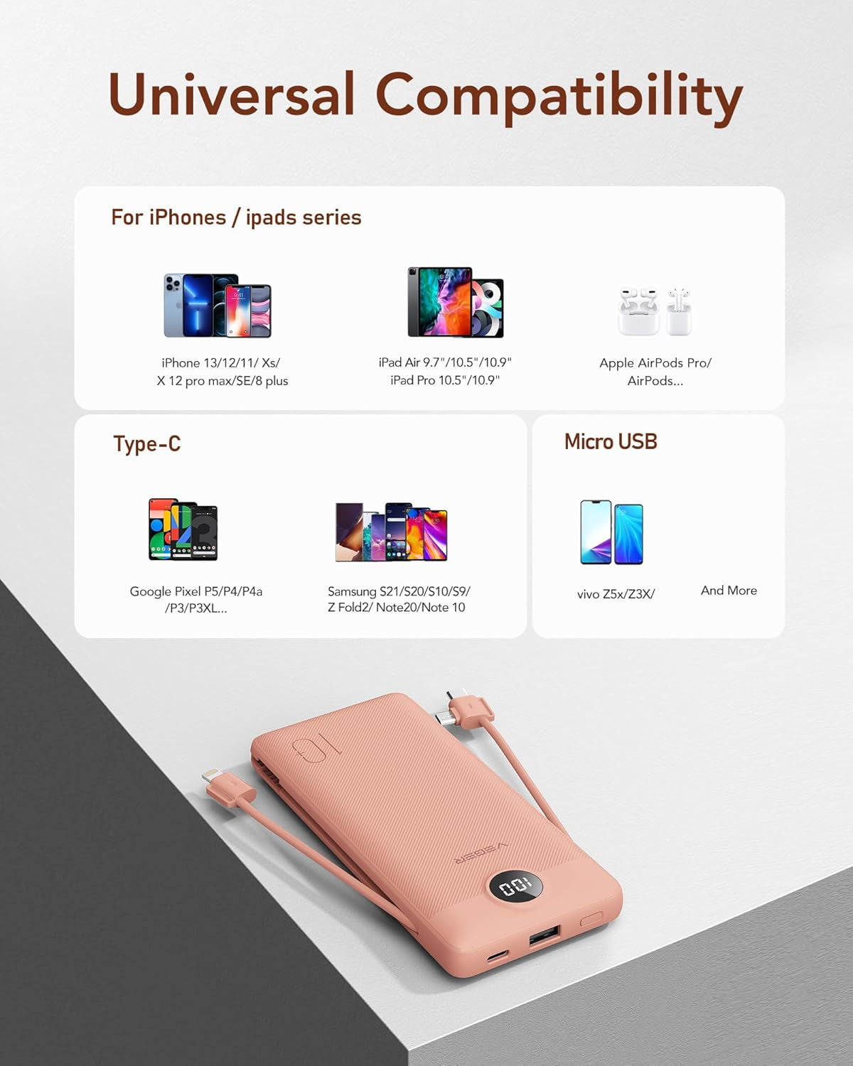 Portable Charger with Built-In AC Plug and Cables