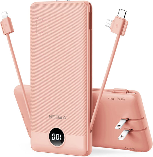 Portable Charger with Built-In AC Plug and Cables