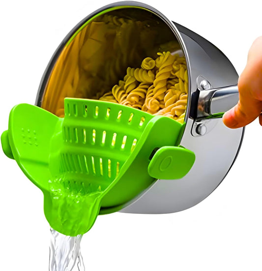 Snap N' Strain Clip on Strainer for Pots and Pans - Collapsible Silicone Pasta Strainer and Kitchen Gadget for Cooking - Easy to Use, Heat Resistant and Space Saving Colander - Green