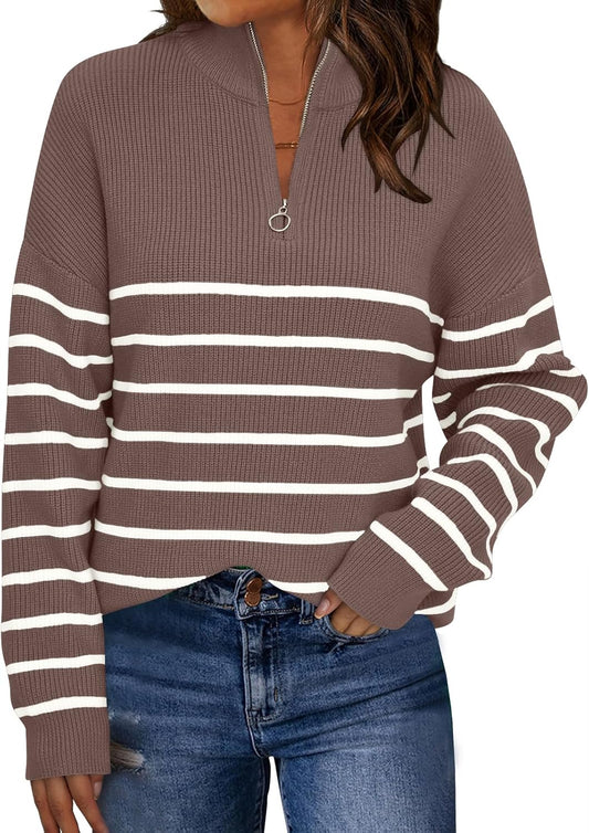 Women'S Quarter Zip Striped Oversized Sweater