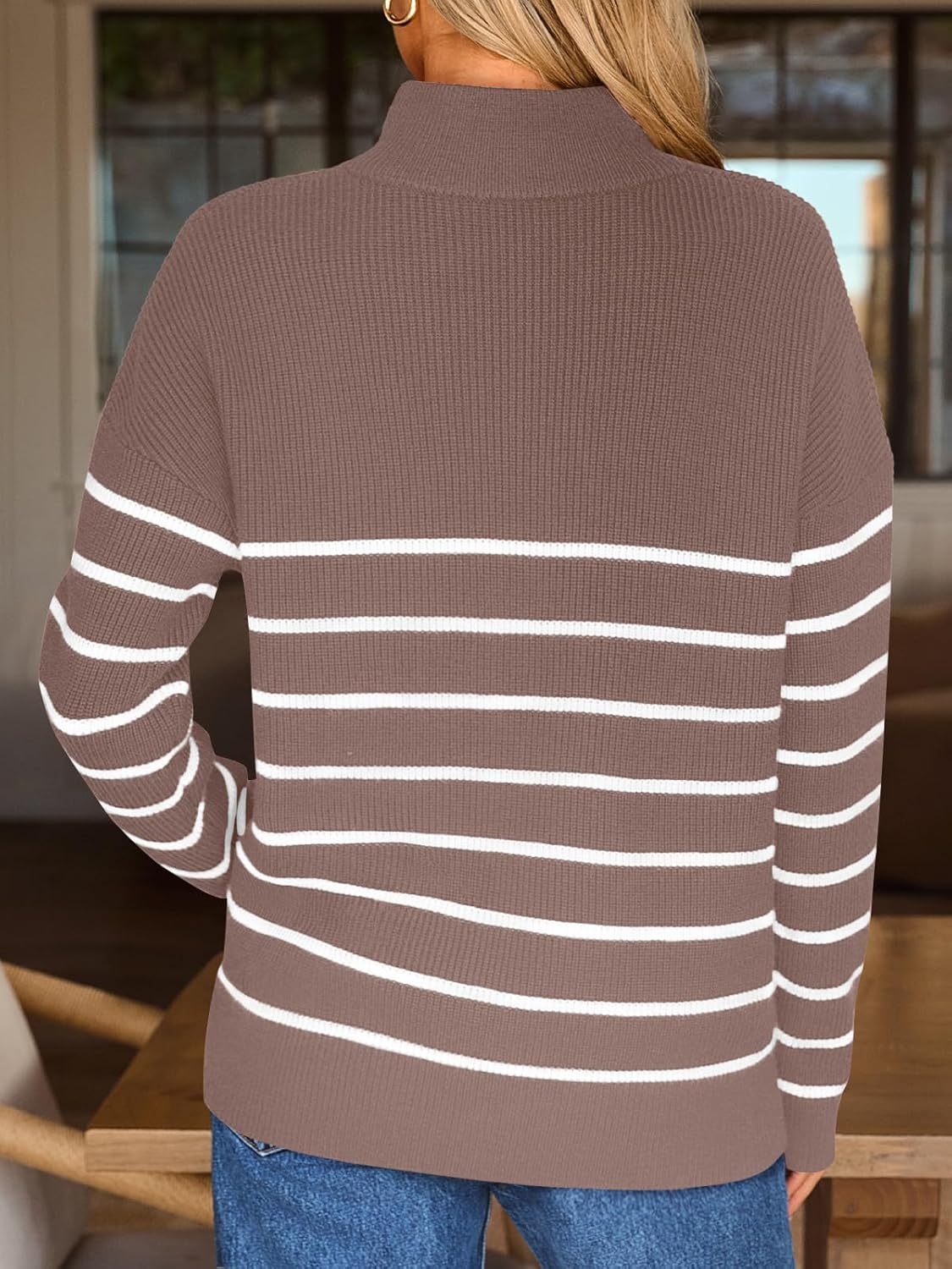 Women'S Quarter Zip Striped Oversized Sweater