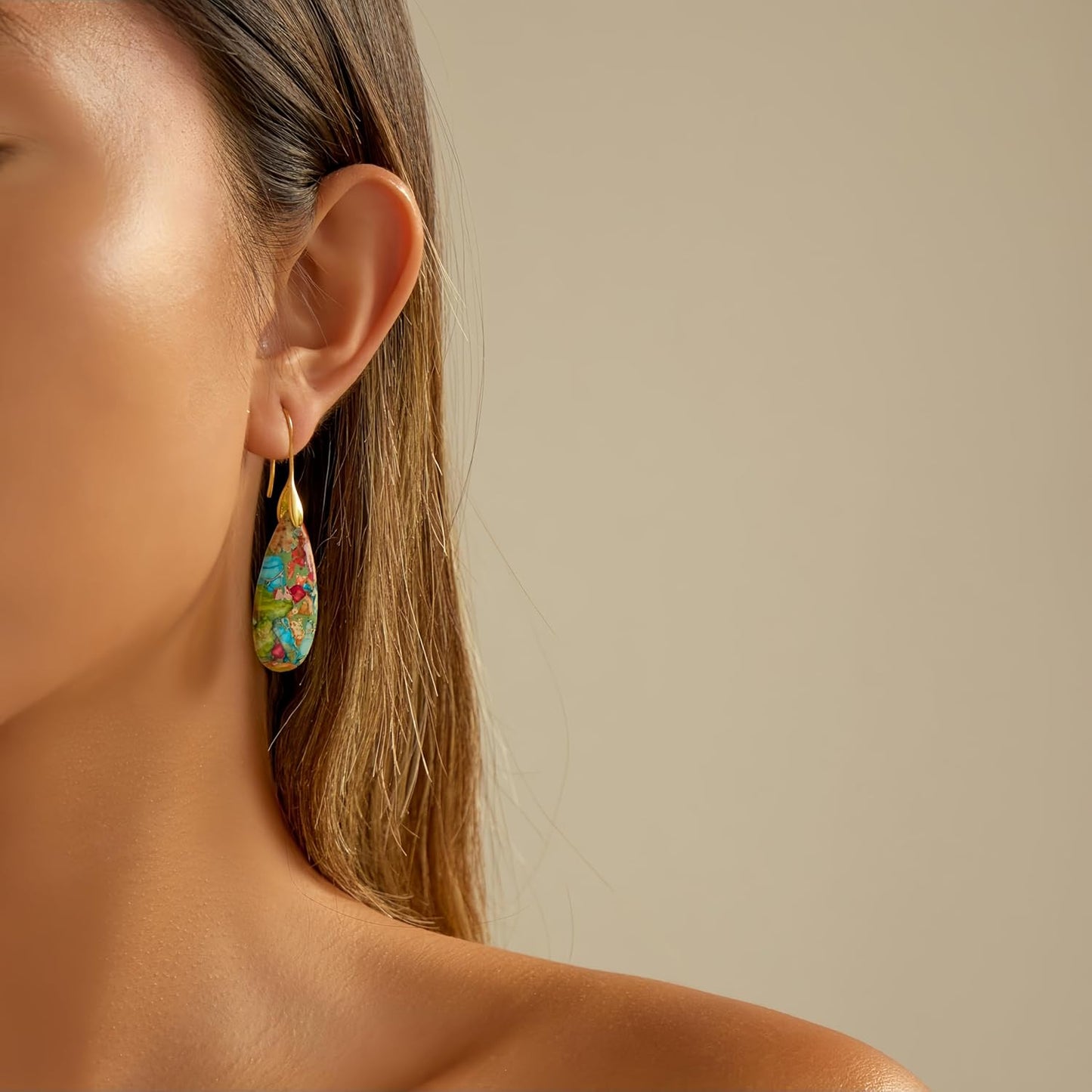 Natural Healing Stone Fishhoop Dangle Drop Earrings