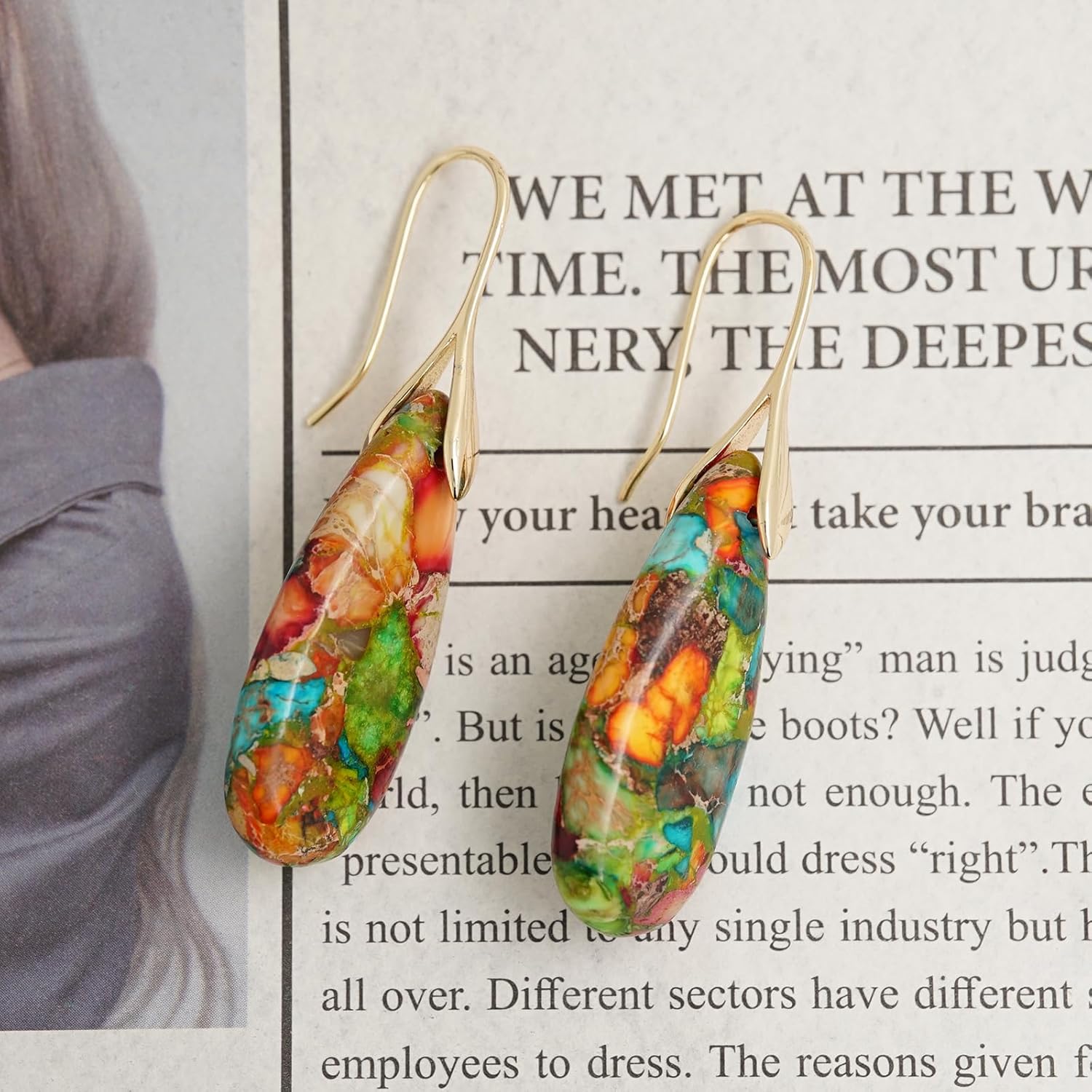 Natural Healing Stone Fishhoop Dangle Drop Earrings