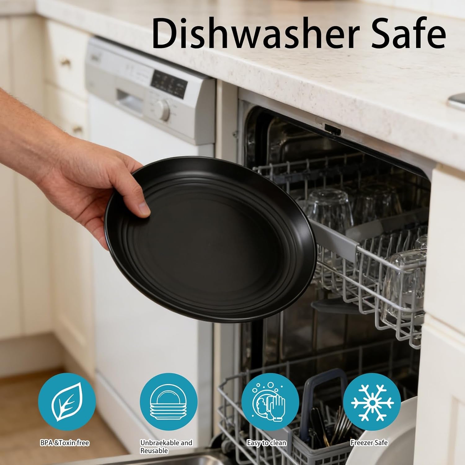 Wheat Straw Dinnerware Sets,Plates and Bowls Set, Dish Sets for 8, Unbreakable Plate for 8 Dishwasher Safe,Reusable Dinnerware Black-16Pcs Plates, 8Pcs Bowls, 8Pcs Cups.