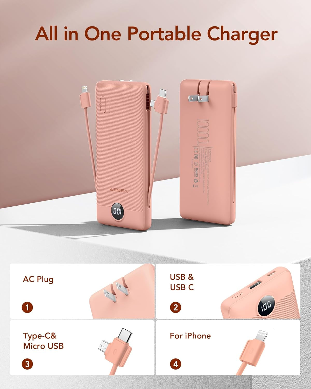 Portable Charger with Built-In AC Plug and Cables