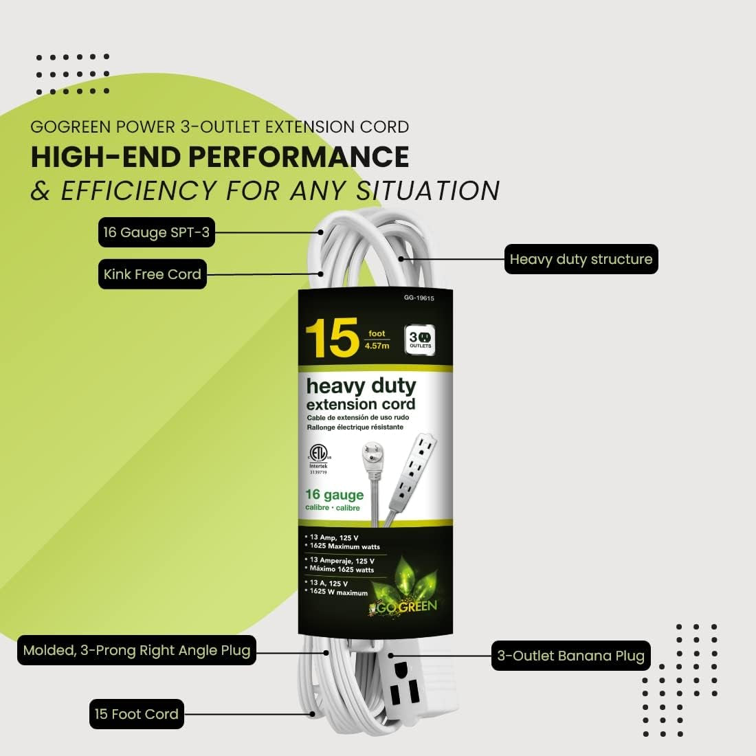 15Ft Extension Cord with 3 Outlets, White - Compact, Flush-Fit Design, Heavy Duty, Grounded Plug - Ideal for Home & Small Appliances - GG-19615