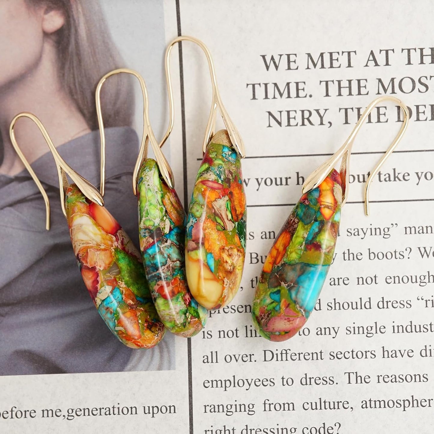 Natural Healing Stone Fishhoop Dangle Drop Earrings