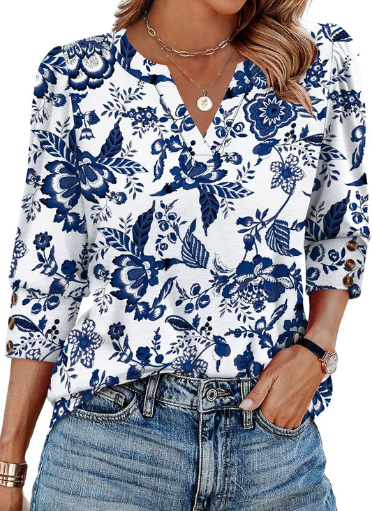 3/4 Length Sleeve Womens Tops with Button Cuffs