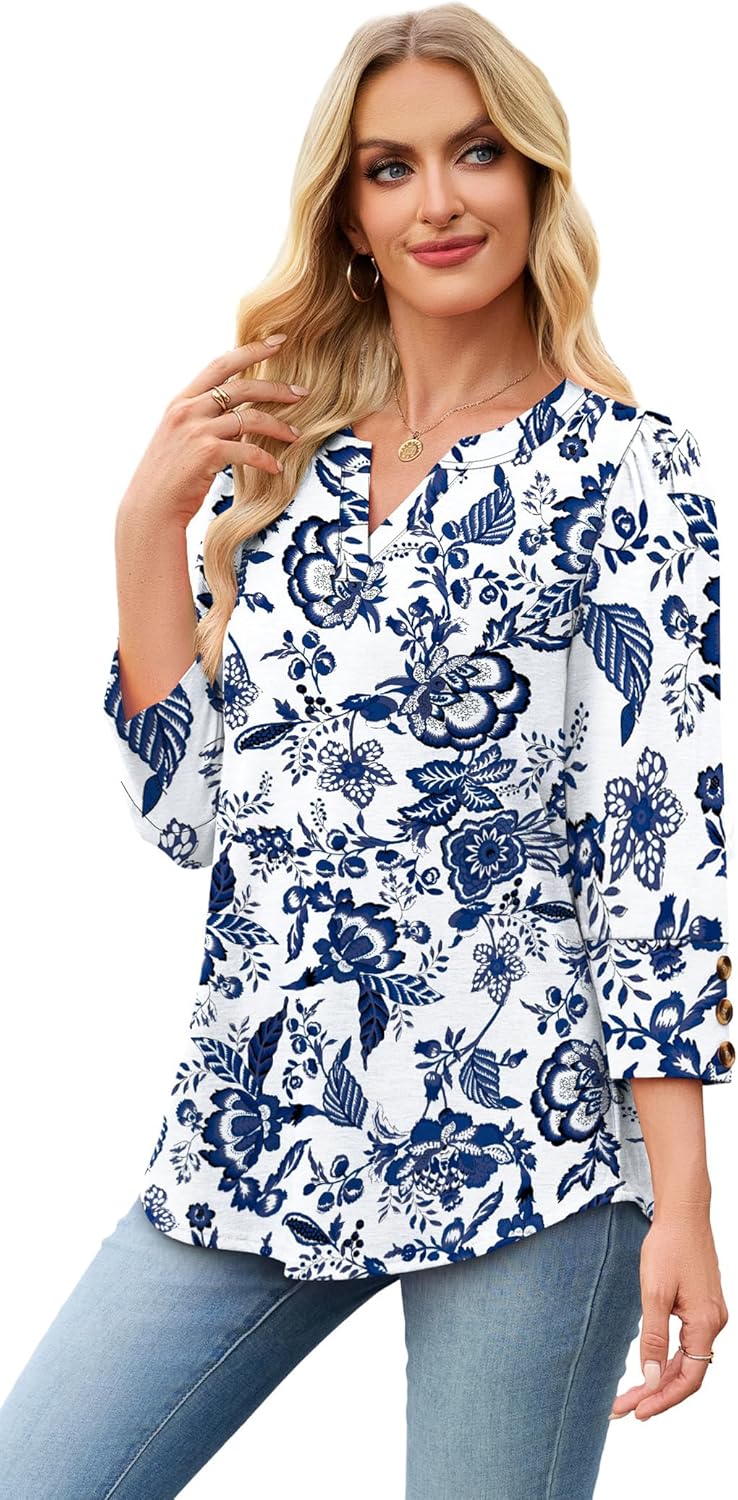 3/4 Length Sleeve Womens Tops with Button Cuffs