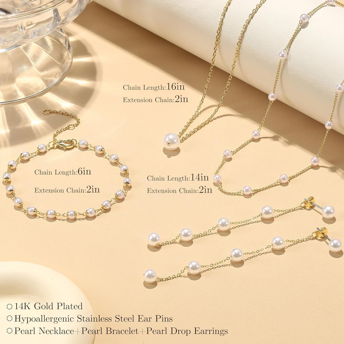 14K Gold Plated Pearl Necklace Set 