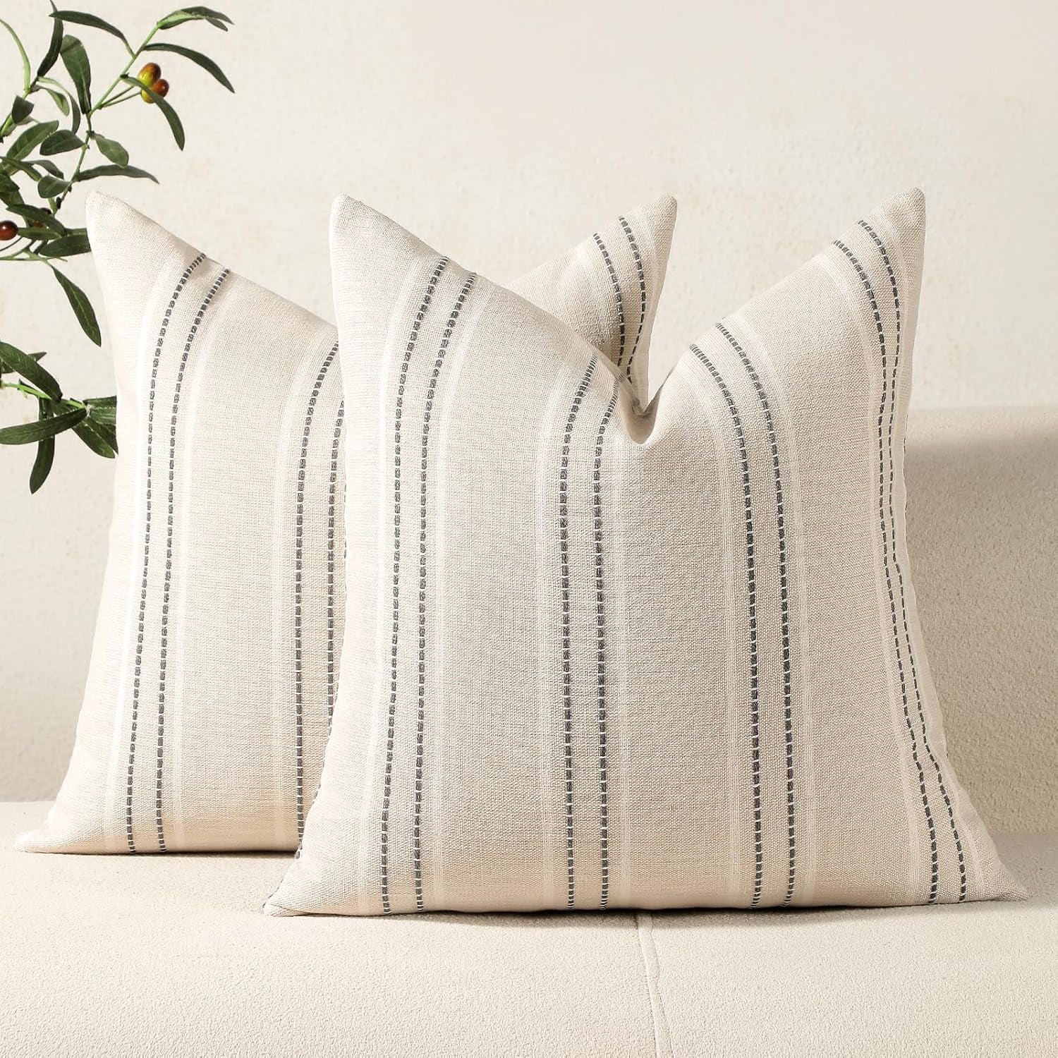 Throw Pillow Covers 20X20 Set of 2 Striped Pillow Covers Textured Linen Decorative Pillows Square Cushion Covers for Sofa Couch Bed Living Room Farmhouse Decor, Grey