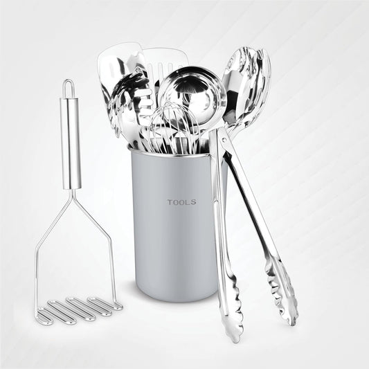 ® Premium Set of 10 Stainless Steel (GREY HOLDER) Kitchen Tool Set with Holder Easy to Clean, Space Saving, Great for Cooking, Baking, Prepping (GREY)