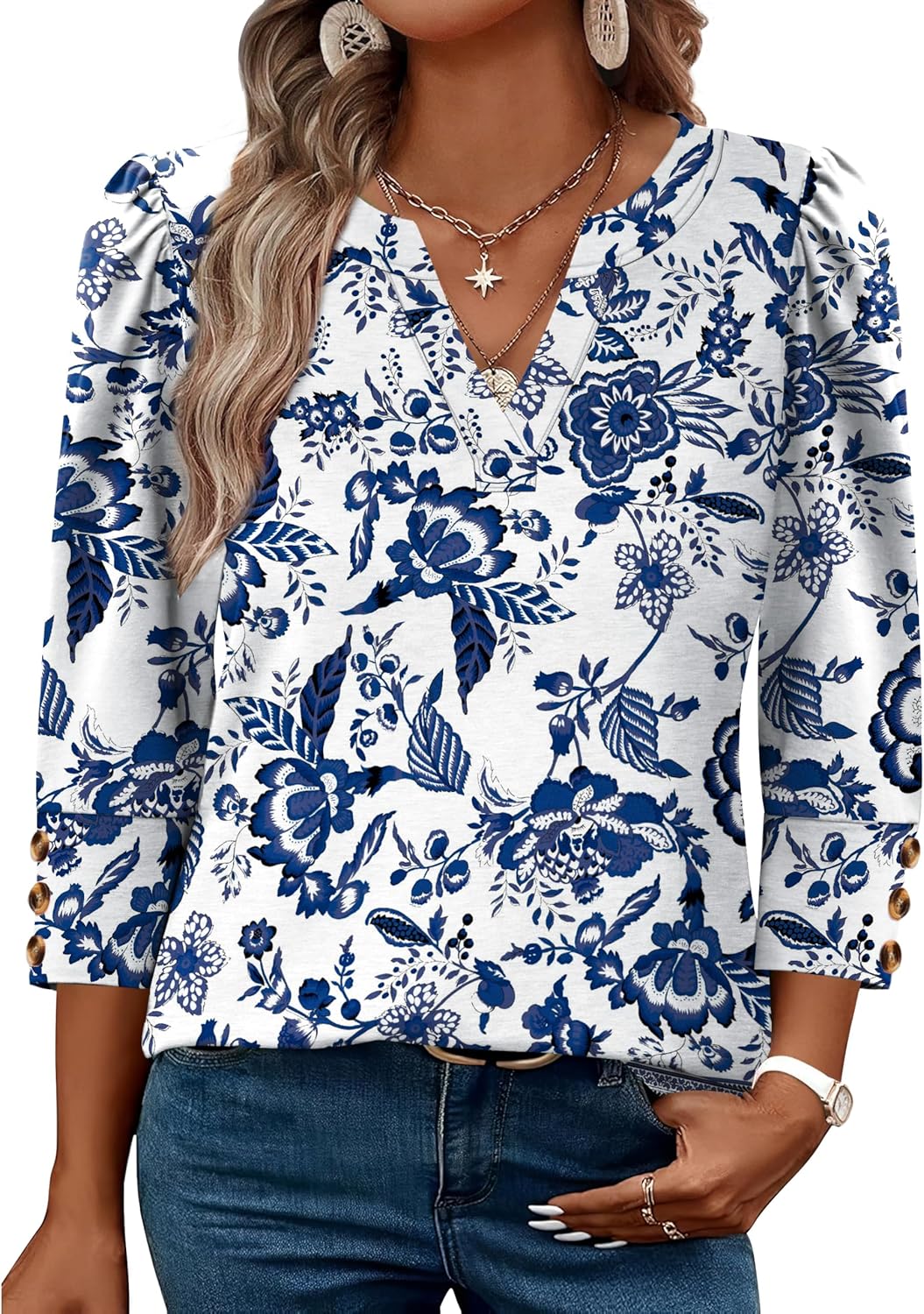 3/4 Length Sleeve Womens Tops with Button Cuffs