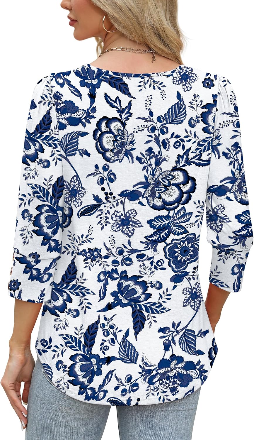 3/4 Length Sleeve Womens Tops with Button Cuffs