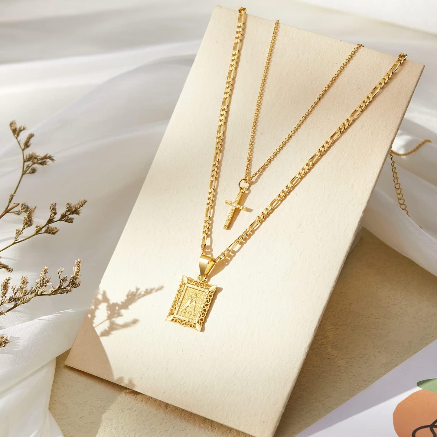 Gold Layered Initial Cross Necklace, 14K Gold Plated