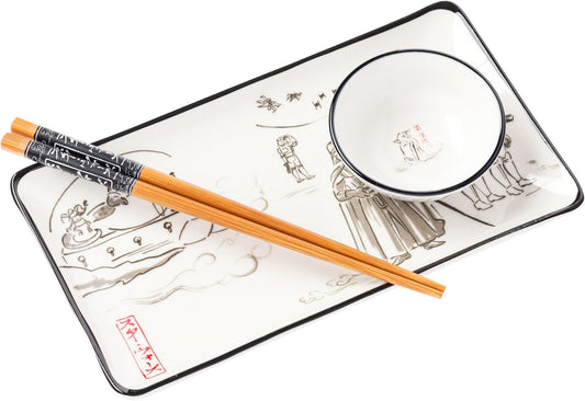 Star Wars Watercolor Japanese Art Featuring Jabba the Hutt, Darth Vader, Stormtroopers Ceramic Sushi Set with Dipping Sauce Dish and Matching Chopsticks