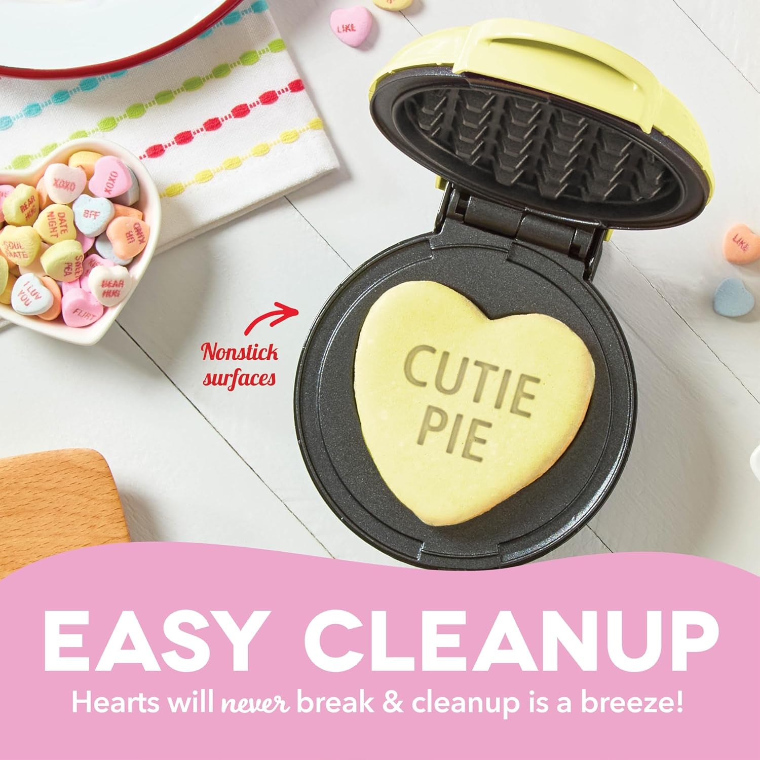 & Sweethearts® Mini Waffle Maker- Mini Machine for Creative Homemade Treats - Nonstick Iron with Unique Print Design - Stylish Waffle Machine - Cutie Pie Yellow