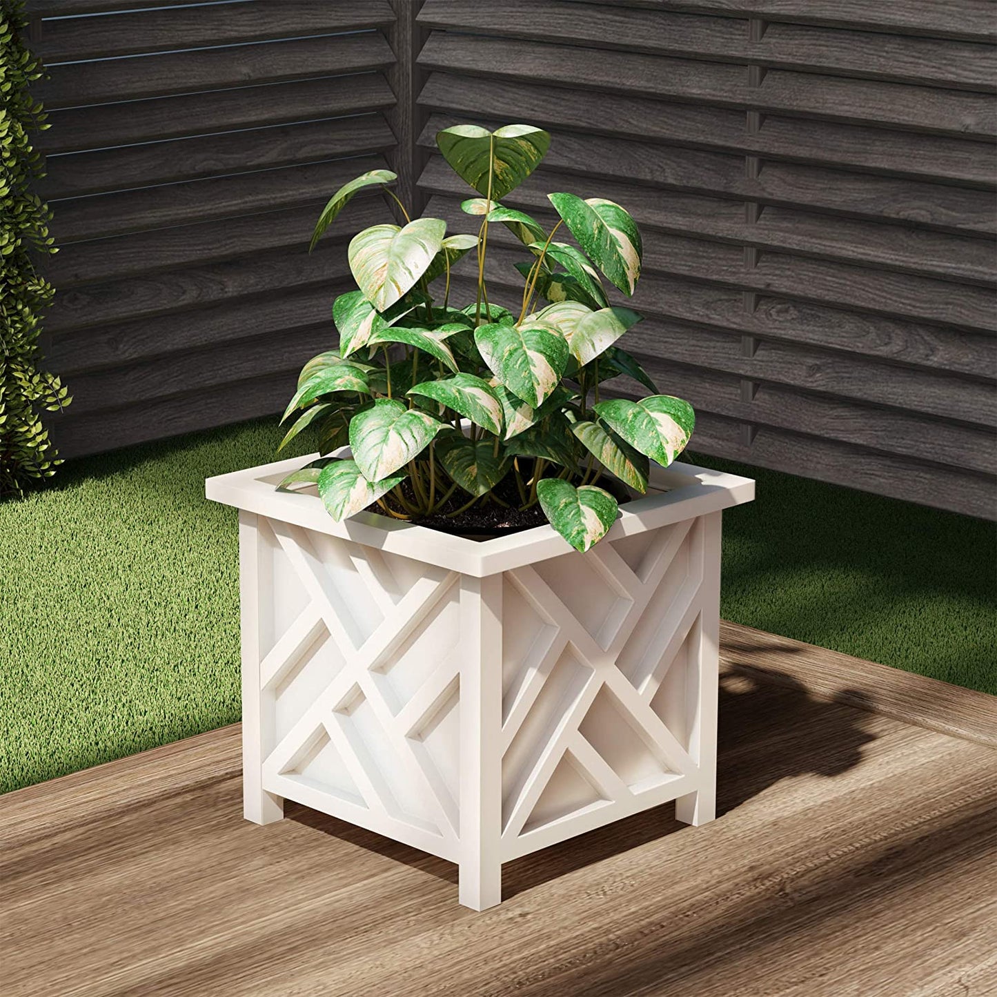 Lattice Design Outdoor Planter Box - 14.75” Square 13” Tall