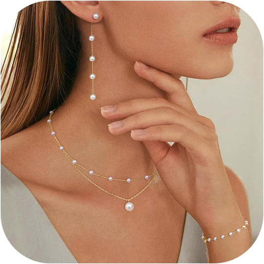 14K Gold Plated Pearl Necklace Set 