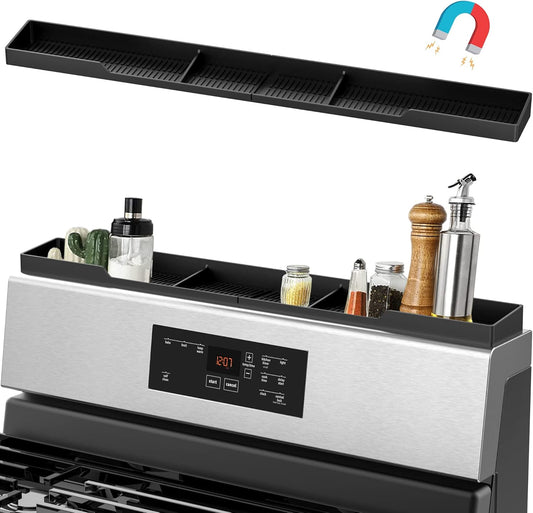 Stove Top Shelf 30 Inch - Silicone Material Magnetic Shelf for Stove - 3 Functional Partitions Kitchen Spice Rack Organizer-Black,Kitchen Gadgets Storage Organization