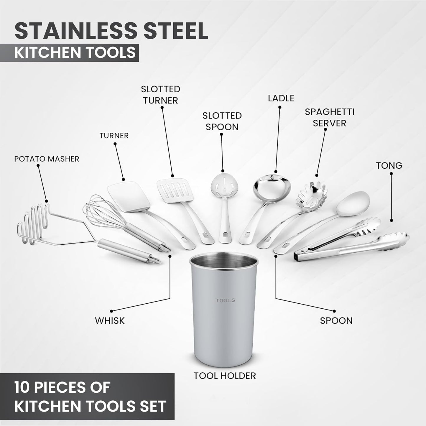 ® Premium Set of 10 Stainless Steel (GREY HOLDER) Kitchen Tool Set with Holder Easy to Clean, Space Saving, Great for Cooking, Baking, Prepping (GREY)