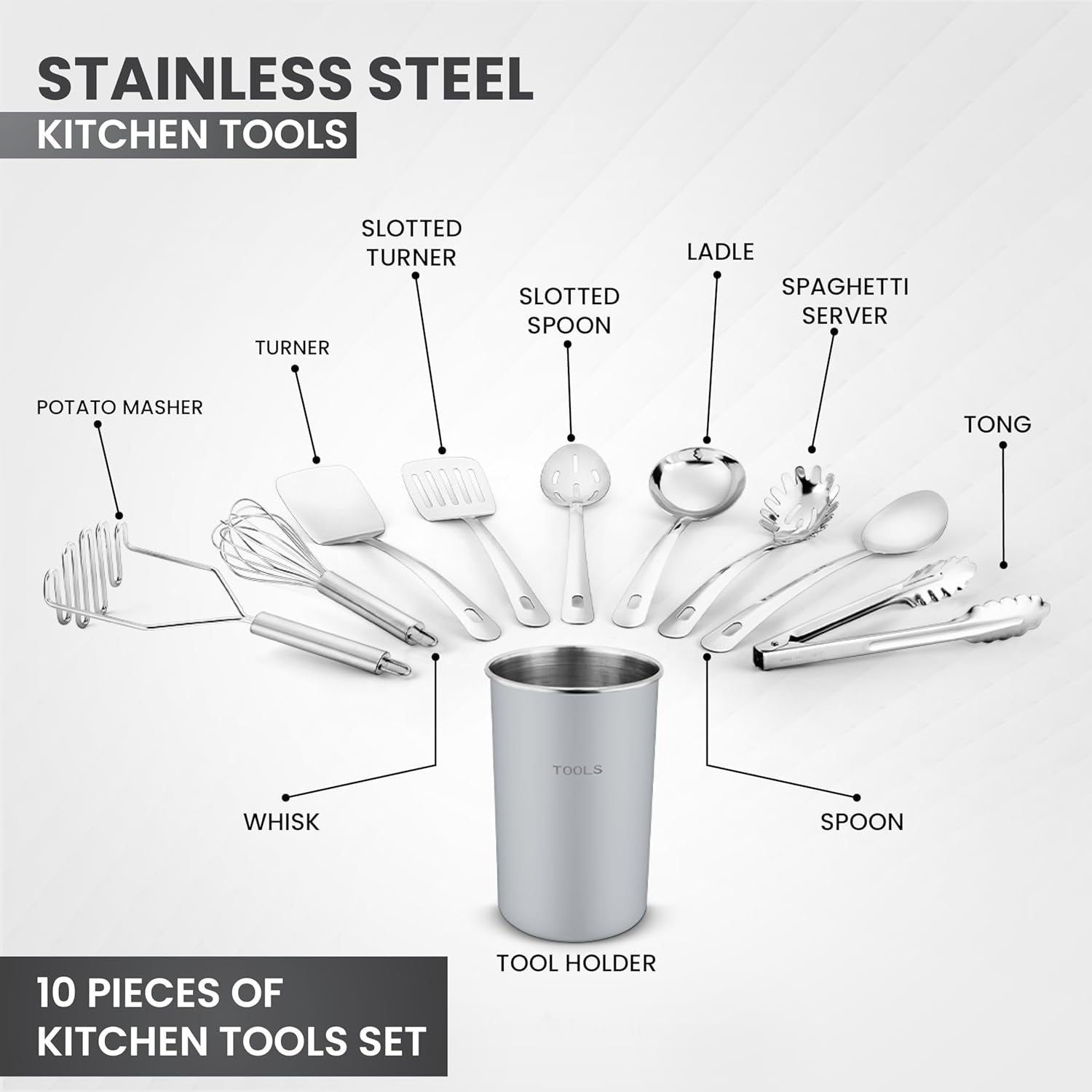 ® Premium Set of 10 Stainless Steel (GREY HOLDER) Kitchen Tool Set with Holder Easy to Clean, Space Saving, Great for Cooking, Baking, Prepping (GREY)