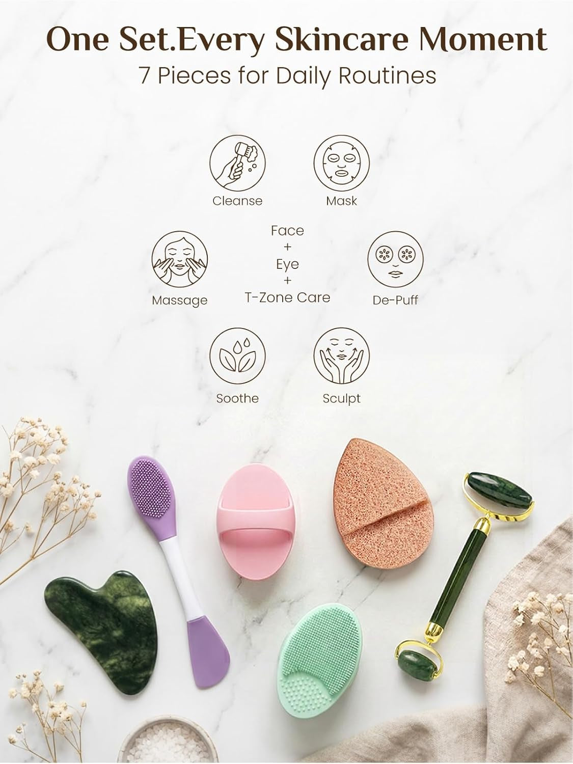 Gua Sha and Face Roller Set - 7 in 1 Face Skin Care Tools
