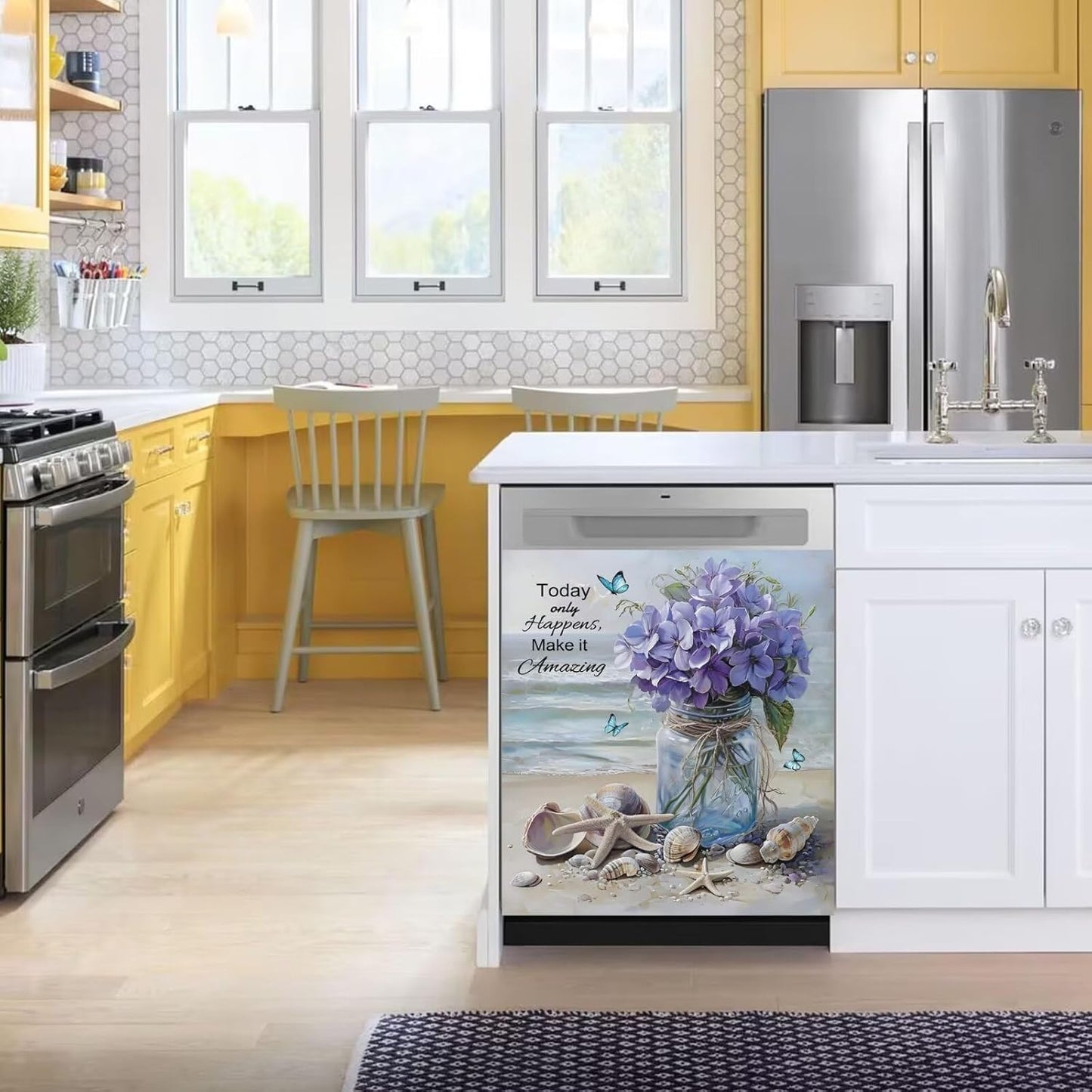 Vase Flowers Dishwasher Magnet Cover, Spring Summer Floral Butterfly Stickers Kitchen Decor, Beach View Starfish Shells Inspiring Quotes Home Appliances Magnetic Panel Decals 23X26