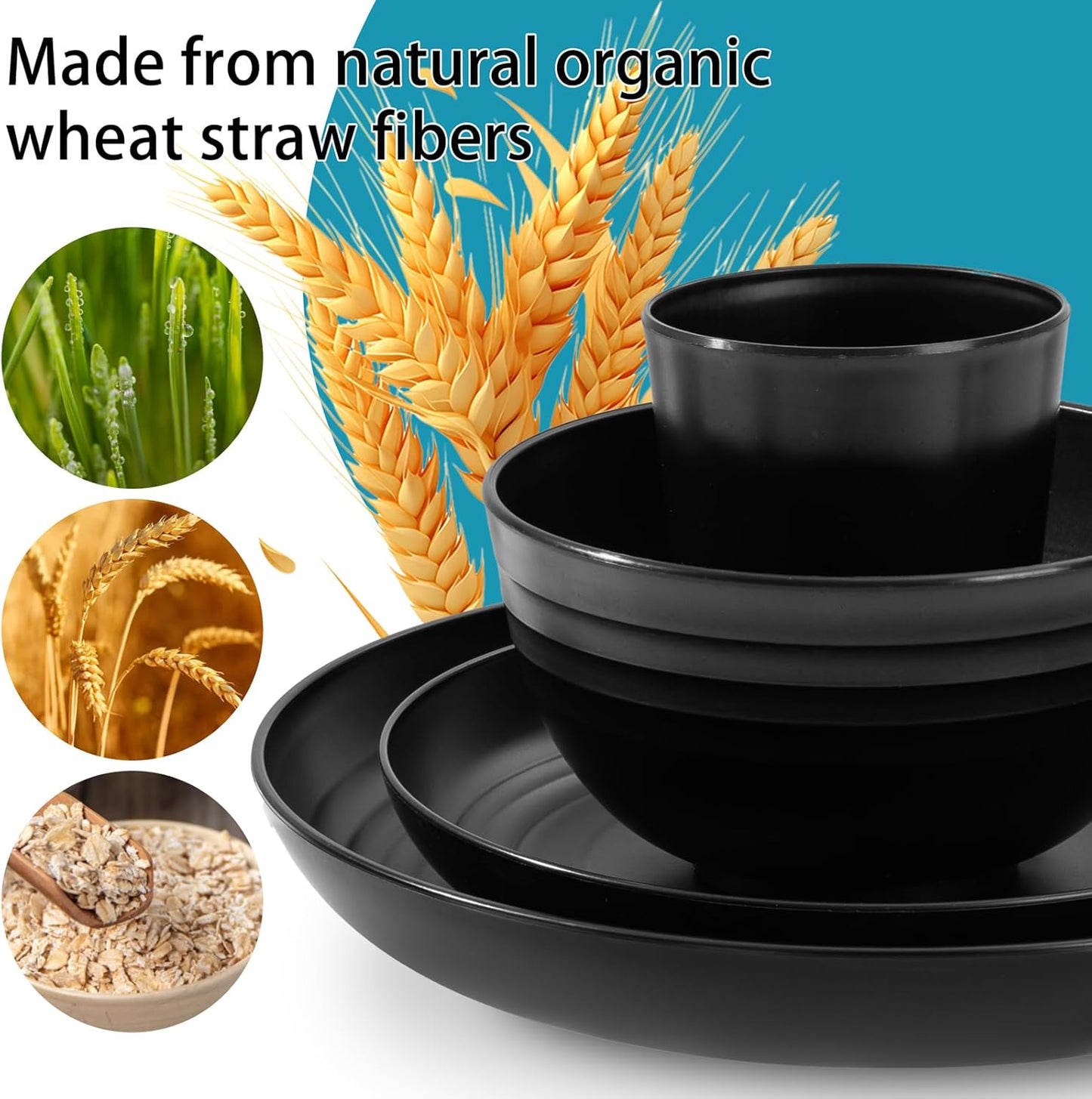 Wheat Straw Dinnerware Sets,Plates and Bowls Set, Dish Sets for 8, Unbreakable Plate for 8 Dishwasher Safe,Reusable Dinnerware Black-16Pcs Plates, 8Pcs Bowls, 8Pcs Cups.